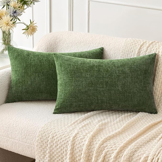 MIULEE Pack of 2 Couch Throw Pillow Covers 12x20Inch Soft Moss Green Spring Chenille Pillow Covers for Sofa Living Room Solid Dyed Pillow Cases