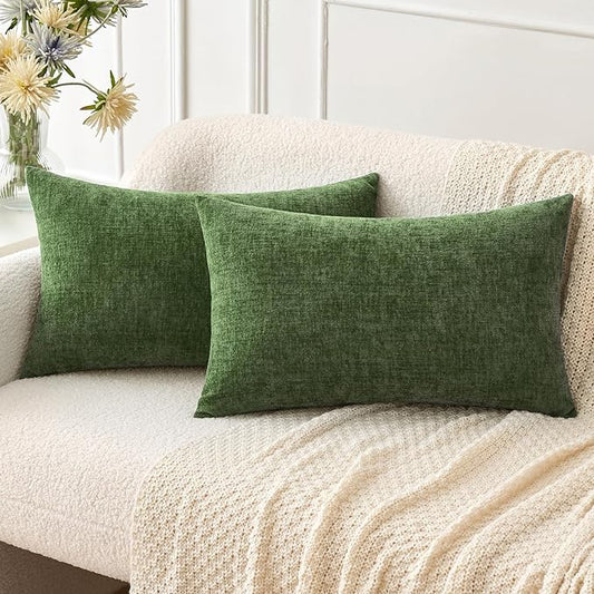 MIULEE Pack of 2 Couch Throw Pillow Covers 12x20Inch Soft Moss Green Spring Chenille Pillow Covers for Sofa Living Room Solid Dyed Pillow Cases