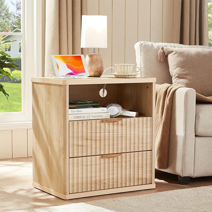LEYAOYAO Fluted Nightstand with Charging Station, 23" Modern Night Stand with Woodgrain Top, 2 Drawers End Table w/Storage, Bedside Tables for Bedroom, Living Room, Curved Profile Design,Wood
