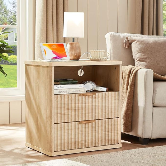 LEYAOYAO Fluted Nightstand with Charging Station, 23" Modern Night Stand with Woodgrain Top, 2 Drawers End Table w/Storage, Bedside Tables for Bedroom, Living Room, Curved Profile Design,Wood