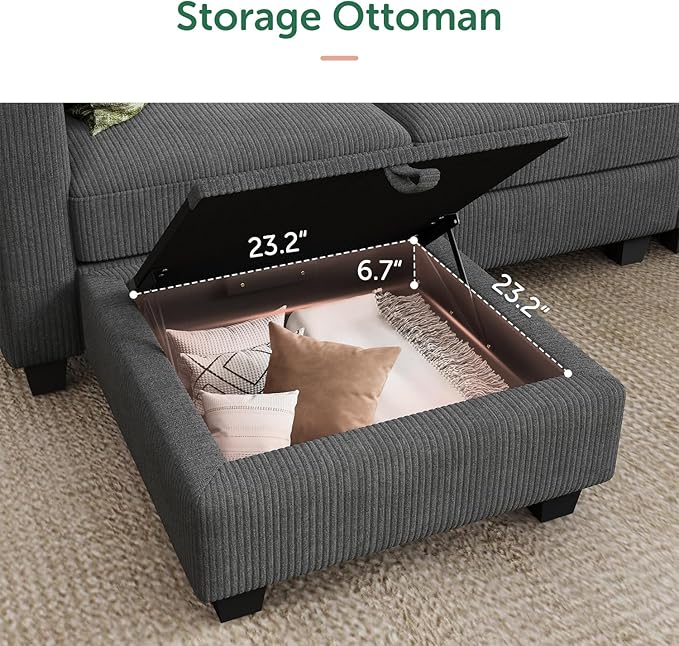 HONBAY Corduroy Modular Sectional Couch with Storage L-Shaped Sectional Couches for Living Room 6 Seater Modular Sofa, Dark Gray