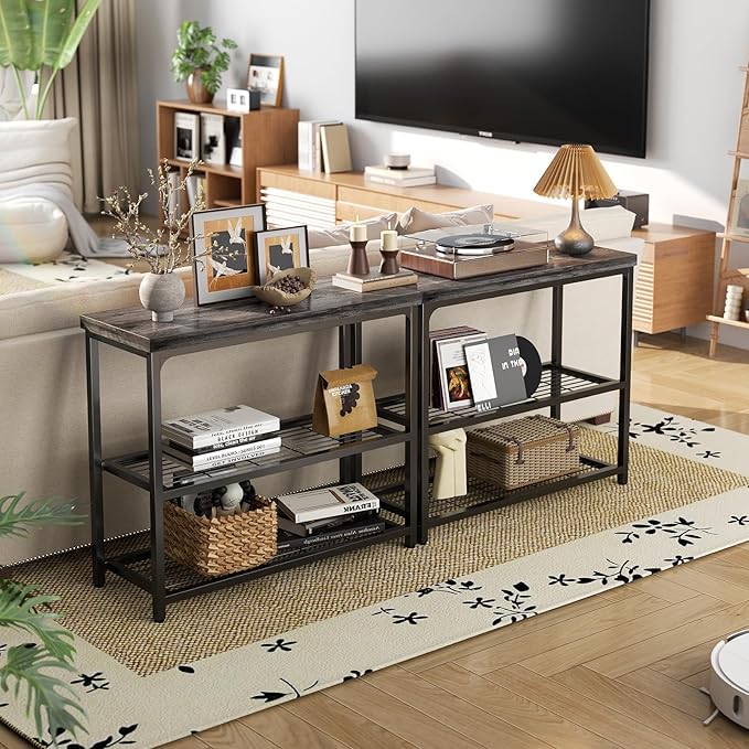 32" Small Console Table, 3-Tier Entryway Table, Sofa Table with Mesh Shelves, Console Tables for Living Room, Bedroom, Hallway, Entryway, Foyer, Grey