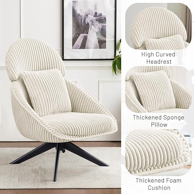 Furniliving Modern Accent Chair Upholstered Swivel Desk Chair for Living Room, Sofa Chair for Bedroom Armchair Side Chair with Headrest Bedroom Chair with Pillow Comfy Corduroy Chairs, Beige