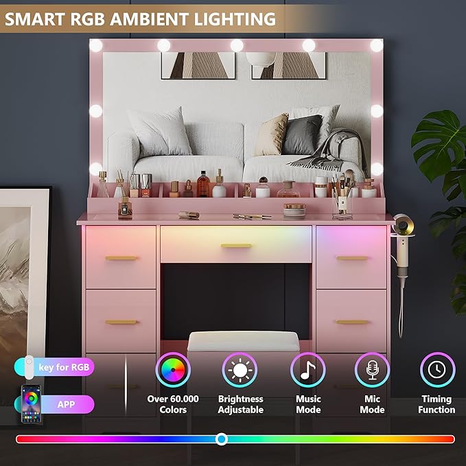 Vanity Desk with 38" Large Mirror and 9 LED Lights & Glass Top and Power Outlet, Adults Makeup Vanity with Chair and 7 Storage Drawers, Dressing Table Set for Bedroom, Modern Pink