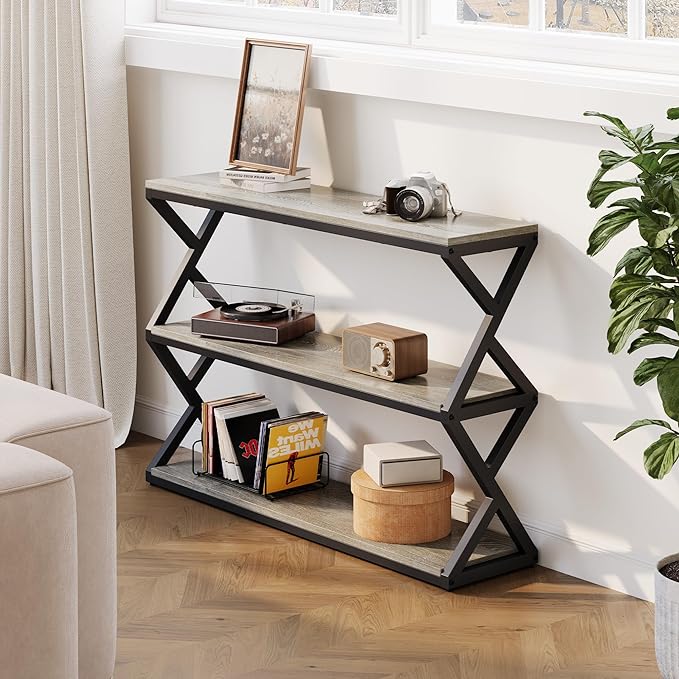 Industrial 3-Tier Console Table, Rustic Long Entryway Sofa Table with Storage Shelves, Light Gray TV Stand for Living Room & Hallway, Modern Farmhouse Decor (47.2 inch)