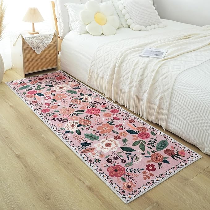 Runner Rug for Hallways Kitchen Rug Non Slip 2'6''x8' Washable Runner Rugs with Rubber Backing Soft Floral Carpet Runner for Hallways, Kitchen, Laundry, Bedroom, Bathroom(Pink)