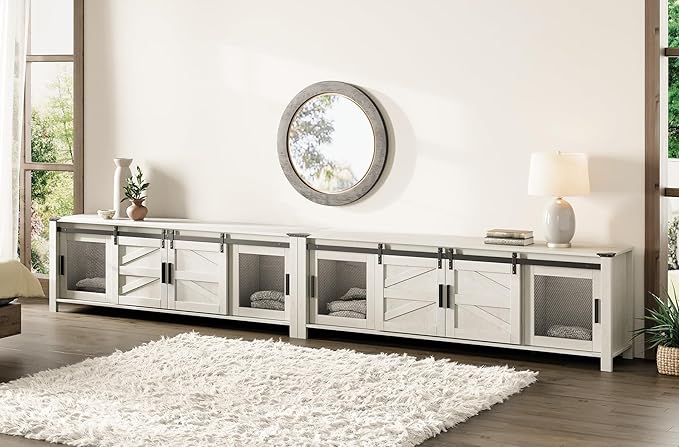 WAMPAT Modern Wood Entertainment Center for ups to 100 inch TV, Set of Two 70" Sliding Barn Door Media TV Console Table with Storage Shelf for Living Room Bedroom，Antique White