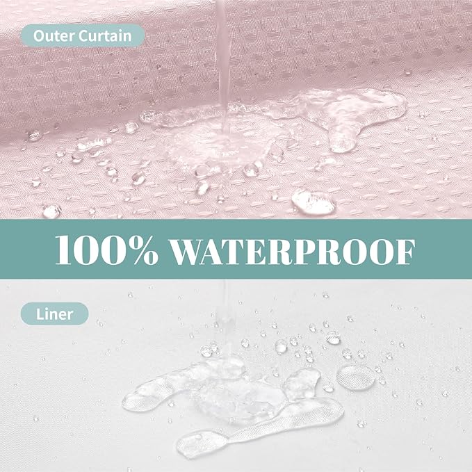 BlushPink No Hook Waffle Weave Shower Curtain with snap-in Liner Replacement, 230GSM Waterproof Fabric Hotel Shower Curtain Set for Bathroom, Through Mesh Top Window,71Wx74H