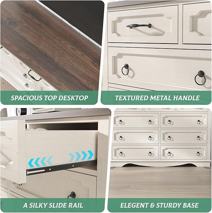 Maupvit 9 Drawer Dresser, 47" Wide Chest of Drawers for Bedroom, Farmhouse Dresser TV Stand with Large Drawers & Metal Handle, Wood Dressers for Living Room, Hallway, Entryway, Antique White