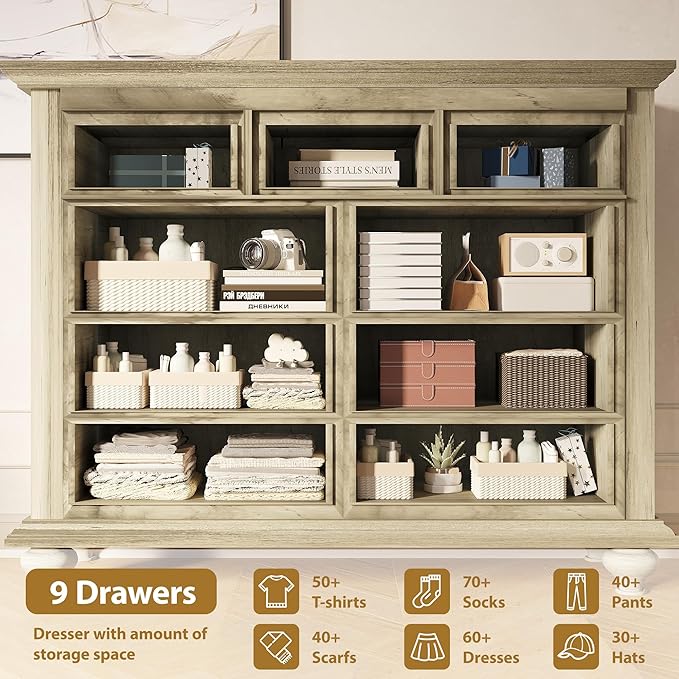9 Drawers Dresser for Bedroom, Wooden Chest of Drawer with Large Drawers & Metal Handles for Bedroom, Living Room, Hallway, Grey