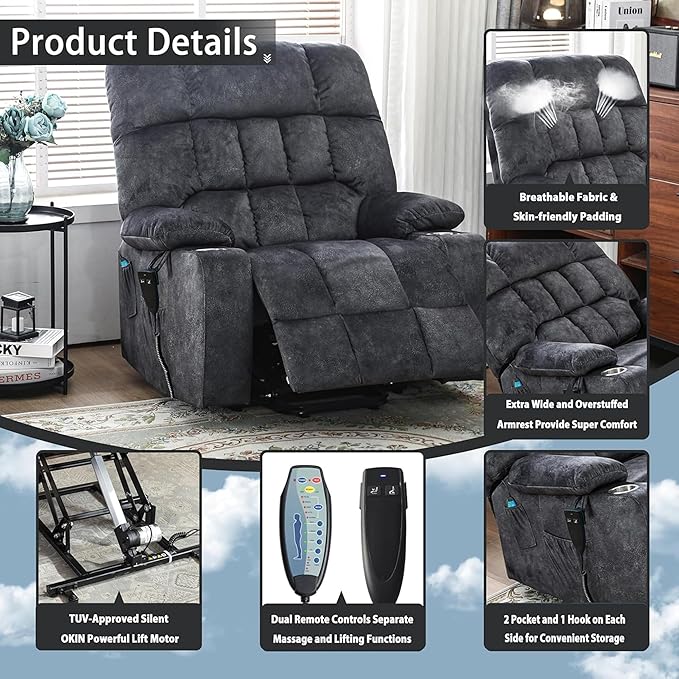 Heavy Duty Recliner Chairs with Cup Holders for Adults Big and Tall, Oversized Power Recliner Lift Chair for Elderly, Heat and Massage, Stand Up, Lay Flat 160 Degree Sleeping