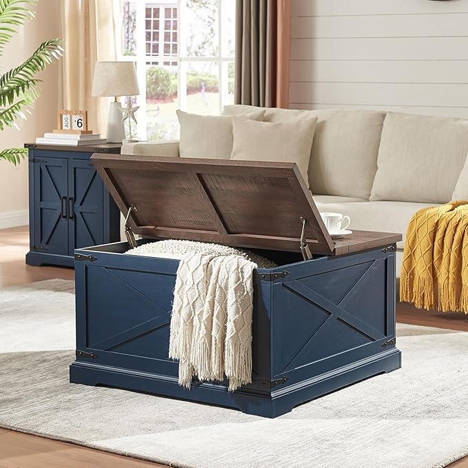 Farmhouse Square Coffee Table with Storage, Wood Center Table with Hinged Lift Top, Rustic Cocktail Table with Large Hidden Storage Compartment for Living Room, Bedroom,Blue