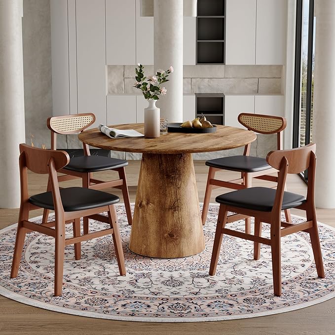 45 Inch Round Dining Table Set for 4, 5 Piece Kitchen Table and Chairs Set, Wooden Table with Light Walnut Finish, Small Space Dining Set for Apartment or Dining Room