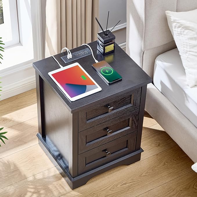 SOOWERY Dresser for Bedroom, Farmhouse Dresser with 3 Wooden Drawers and Storage Cabinet, 25 Inches Tall Side Table Chest of Drawers for Bedroom, Living Room, Hallway, Black