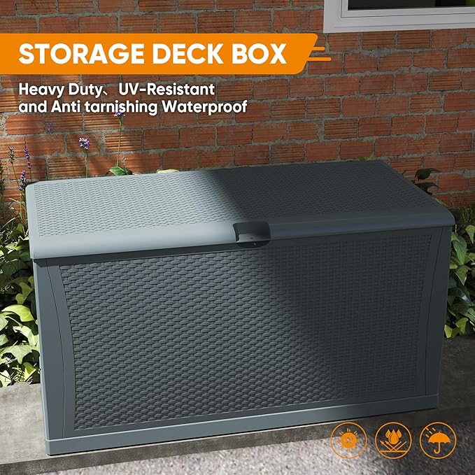 120 Gallon Resin Deck Box, Weatherproof Outdoor Storage Box for Patio, Garden, Pool, and Yard, Lockable Waterproof Bin for Tools, Cushions, and Accessories, Grey
