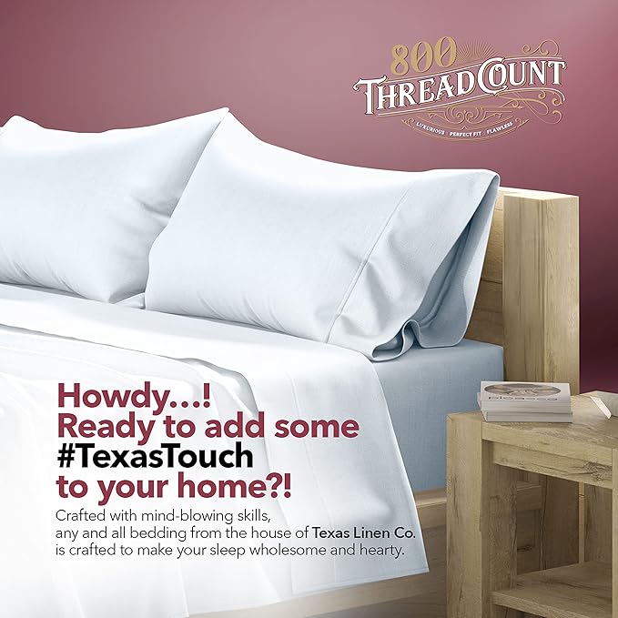 TEXAS LINEN CO. Luxury Egyptian Cotton Twin XL Sheet Set 800 Thread Count 3 PC Light Blue Egyptian Cotton Sheets for Twin XL Bed, Extra Long Staple Soft Cooling Sheets, 16" Deep Pocket Dorm Sheets