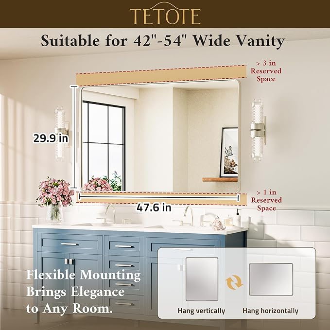 TETOTE Brushed Nickel Mirror 48 x 30 Brushed Nickel Metal Framed Bathroom Mirror, Tempered Glass, Modern Farmhouse Wall Mounted Mirror for Decorative(Horizontal/Vertical)