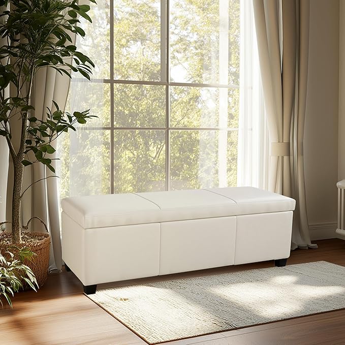 BELLEZE Storage Faux Leather Ottoman, 47 Inch Bench Bedroom Bench with Safety Close Hinge, Extra Long Ottoman with Storage for Living Room, Entryway, Foot Rest, Support 300lbs - Cream