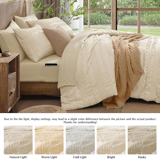 CASAAGUSTO Queen Comforter Set, 7 Pieces Beige Seersucker Bed in a Bag Queen Size Soft All Seasons, Bedding Sets with Comforter, Flat Sheet, Fitted Sheet, 2 Pillow Shams, 2 Pillowcases