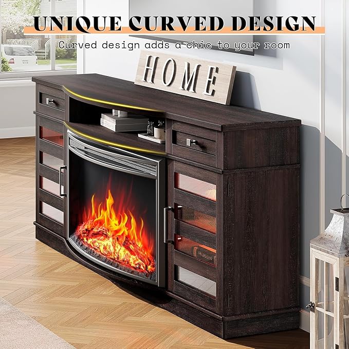 AMERLIFE 70" Farmhouse Fireplace TV Stand with 36'' Curved Electric Fireplace, LED Media Console with 2 Drawers & Adjustable Shelves, Fits 80'' TVs, Espresso