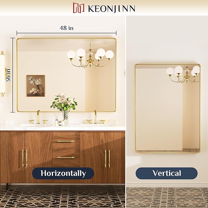 Keonjinn Gold Bathroom Vanity Mirror 48 x 36 Inch Large Rounded Rectangle Vanity Mirror, Brushed Brass Wall Mirror with HD Tempered Glass, Modern Decorative Gold Framed Mirror(Horizontal/Vertical)