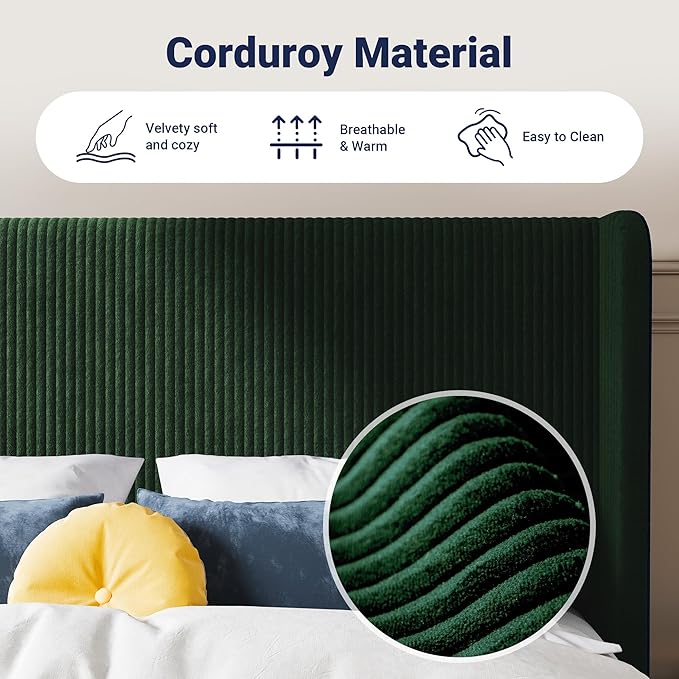 Allewie Queen Size Bed Frame with Upholstered Wingback Headboard, Vertical Channel Tufted Corduroy Velvet Platform Bed, Strong Wooden Slats Support, No Box Spring Needed, Easy Assembly, Dark Green