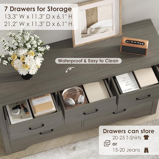 Farmhouse 7 Drawer Dresser for Bedroom, 51" Wide Chest of Drawers, Wooden Dresser TV Stand, Storage Dressers Organizer for Bedroom, Living Room, Hallway, Grey