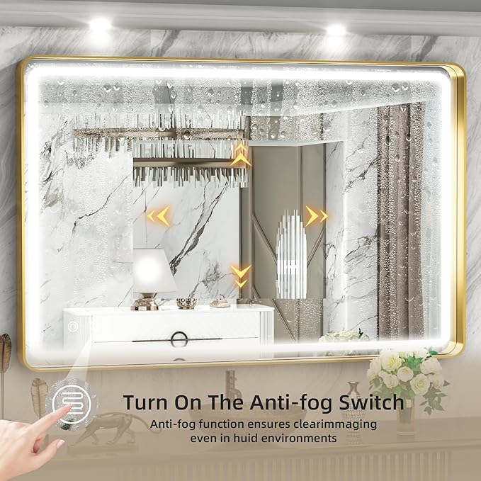 Hasipu LED Bathroom Mirror with Lights 40 x 26 Inch, Gold Metal Frame Light Mirror for Vanity Anti-Fog, Dimmable, 3 Colors (Horizontal/Vertical)