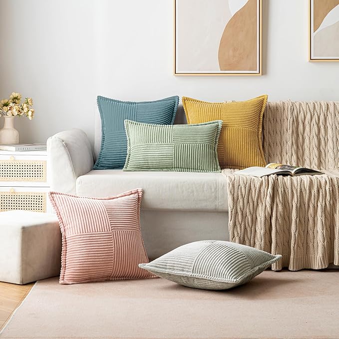 MIULEE Decorative Throw Pillow Covers for Couch Bed Livingroom 20x20 Inch Set of 2 Dusty Blue Boho Accent Throw Pllows Broadside Striped Patchwork Soft Corduroy Summer Coastal Pillowcases