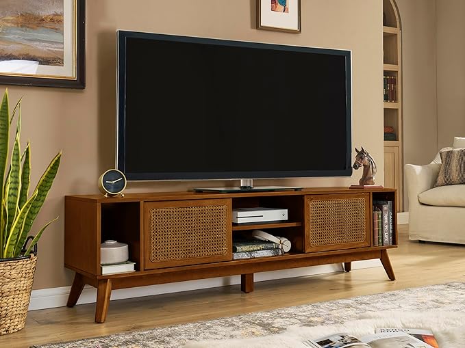 68 Inch Mid Century Modern TV Stand with Rattan Doors, MCM Entertainment Center Media Console for 60/65/70/75 inch TVs, Long Boho Television Stand for Living Room, Light Walnut