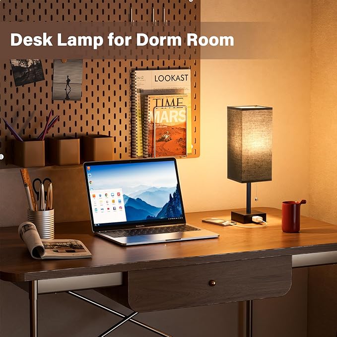 Black Table Lamps for Bedroom Set of 2 - Nightstand Lamp with AC Outlet Charging Port, 3 Color Temperatures Desk Light with Bulb, Small Tabletop Reading Lamp for Living Room/Dorm/Office