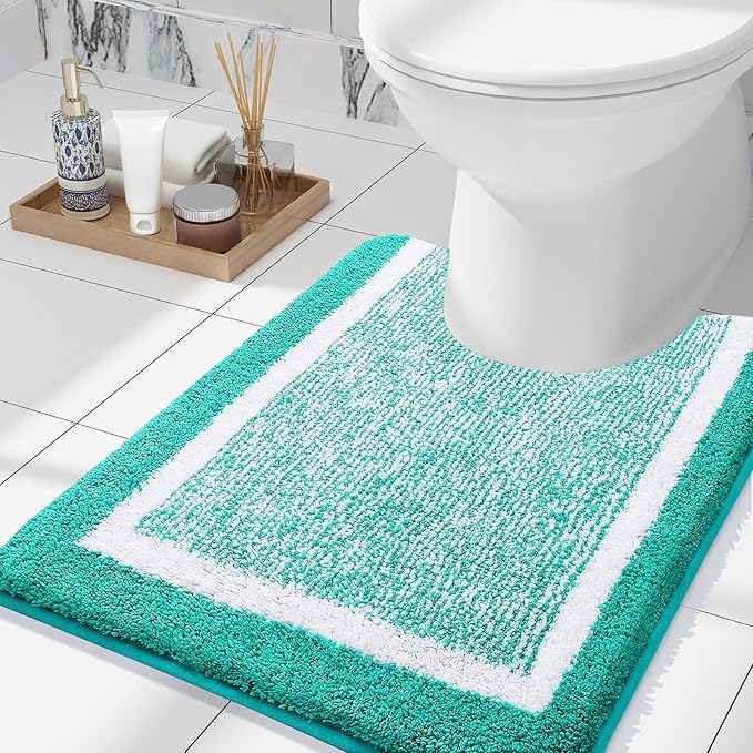 OLANLY Toilet Rugs U-Shaped 24x20, Extra Soft and Absorbent Microfiber Bathroom Rugs, Non-Slip, Machine Wash Dry, Plush Shaggy Contour Bath Mats for Toilet Base (Green and White)