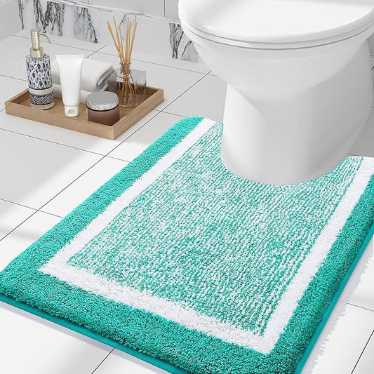 OLANLY Toilet Rugs U-Shaped 24x20, Extra Soft and Absorbent Microfiber Bathroom Rugs, Non-Slip, Machine Wash Dry, Plush Shaggy Contour Bath Mats for Toilet Base (Green and White)