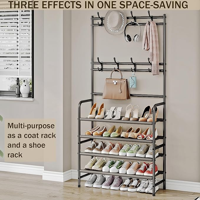 4 Tier Coat and Shoe Rack Entryway Coat Rack with 8 Hooks Shoes Organizer for Living Room Bedroom Office Brown