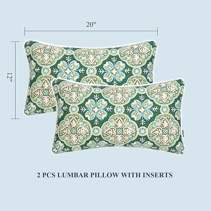 FUNHOME Set of 2 Patio Lumbar Pillows with Insert, 12”x20” Water-Repellent Fade Resistant Outdoor Lumbar Pillow, Decorative Garden All Weather Lumbar Cushions for Home Patio Coach Sofa Use-Green Medal