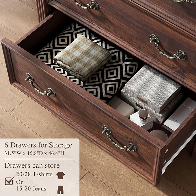 Walnut Dresser for Bedroom, Farmhouse 6 Chest of Drawers, 47" Tall 6 Drawer Dresser Storage with Wood Pilasters and Metal Handles, Vintage Design, Drawer Organizer for Bedroom, Hallway