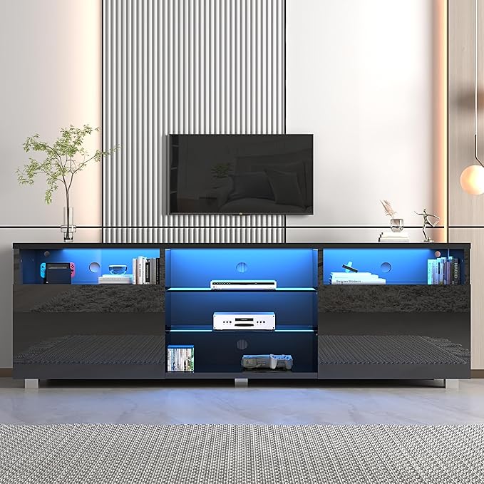 St.Mandyu LED TV Stand for 75/80 inch TV, Modern Television Table Center Media Console with Drawer and Led Lights, High Glossy Entertainment Center for Living Game Room Bedroom(Black)
