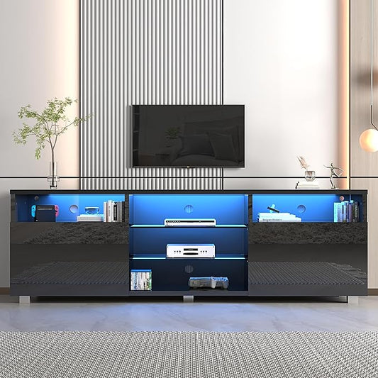 St.Mandyu LED TV Stand for 75/80 inch TV, Modern Television Table Center Media Console with Drawer and Led Lights, High Glossy Entertainment Center for Living Game Room Bedroom(Black)