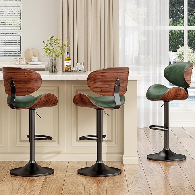 Bar Stools Modern PU Leather Adjustable Swivel Barstools, Kitchen Counter Bar Stool Island Barstool with Back Set of 2, Green