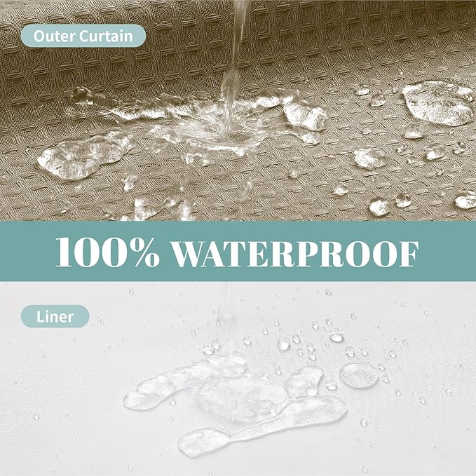 Khaki No Hook Waffle Weave Shower Curtain with snap-in Liner Replacement, 230GSM Waterproof Fabric Hotel Shower Curtain Set for Bathroom, Through Mesh Top Window,71Wx77H