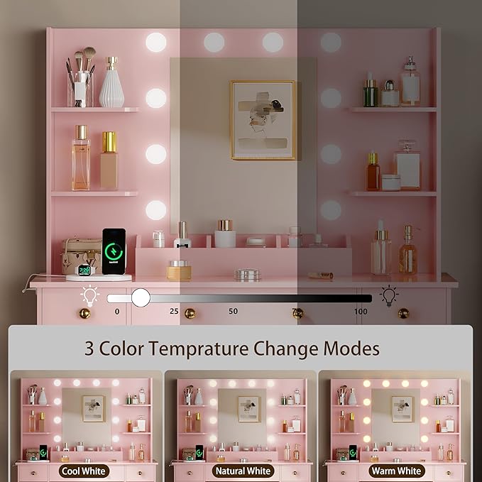 Vanity Desk with Mirror and Lights,Pink Makeup Vanity with Charging Station & Vanity Stool, 3 Drawers and Cabinets White Vanity Mirror with RGB LED Lights Vanity Desk and Chair for Women