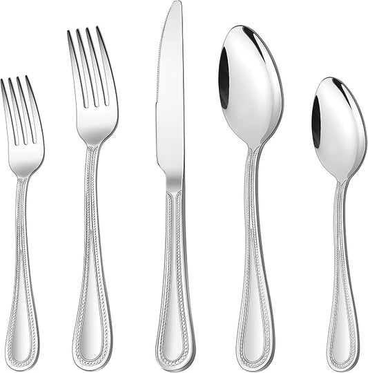 40-Piece Silverware Set, HaWare Stainless Steel Flatware Service for 8, Pearled Edge Tableware Cutlery Include Knife/Fork/Spoon, Beading Eating Utensil for Home, Mirror Polished, Dishwasher Safe