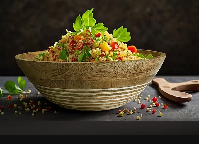 12" Handmade Wooden Salad Bowl – Durable Natural Wood Round Bowl for Salad, Fruit & Dining – Stylish Kitchen & Table Accessory