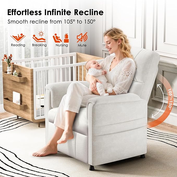 Amada Power Recliner Chair for Adults, Chenille Electric Reclining Chair for Small Spaces with Remote & Side Pockets, Thick Seat Cushion for Home Theater, RV, Living Room & Bedroom (White)