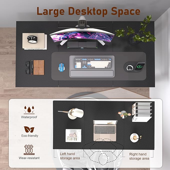 55inch Computer Desk with Deeper Carbon Fiber Desktop, Gaming Office Desk with Sturdy Metal Frame,Home Office Desk for Gaming, Working, Studying, Black