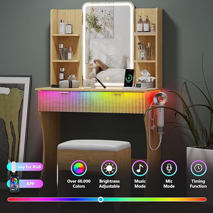 Small Vanity Desk with Mirror and Lights, Makeup Vanity with LED Lighted Mirror, Fluted Vanity with Lights Desk and Chair, 3 Lighting Adjustable Dressing Table with Charging Station for Women,Girls