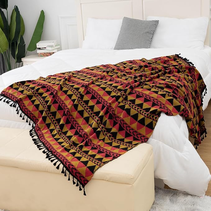 Gealaek Boho Throw Blanket Lightweight Soft Cozy Decorative Blankets for Sofa Bed Farmhouse Throw Blanket Aztec Blanket with Tassel Black Red Mustard Checkered 50" x 60"