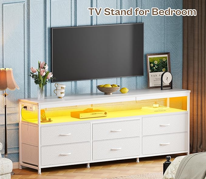 Huuger 63 Inch TV Stand for 55, 65, 70 Inch TV, Long Dresser TV Stand for Bedroom, White LED TV Stand with Power Outlets, Fabric Drawer Dresser with Storage, Entertainment Center for Living Room