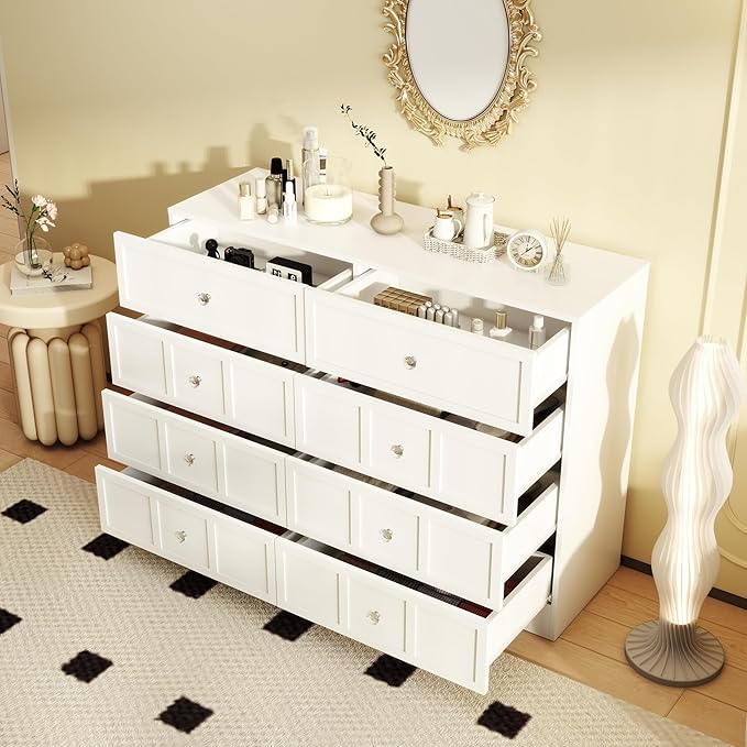 8 Drawer Dresser for Bedroom: 47" Fluted White Dresser Deep Drawers, Modern Chest of Drawers for Bedroom, Fluted Wood Dressers for Living Room, Hallway