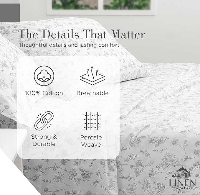 Linen Home 100% Cotton Printed Percale Sheets Queen Size, Deep Pocket, 4 Pieces Set - 1 Flat, 1 Deep Pocket Fitted Sheet and 2 Pillowcases, Crisp Cool and Strong Bed Linen, Grey Botanical Floral
